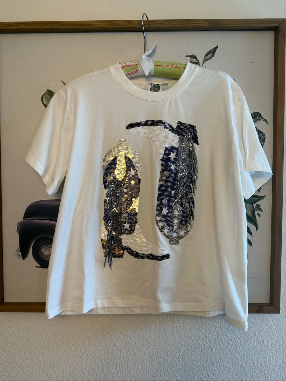 Queen of Sparkles White Sequin Boots Graphic Tee - Women’s - M